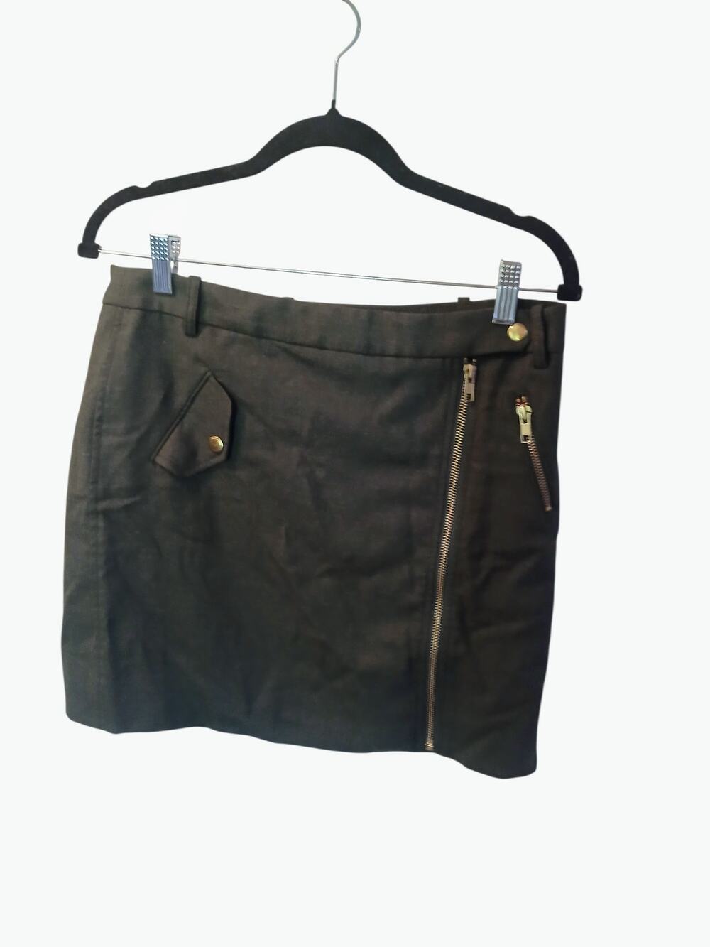 J Crew Wool Moto Utility Asymmetrical Pocket Olive Fully Lined Size 6 Skirt
